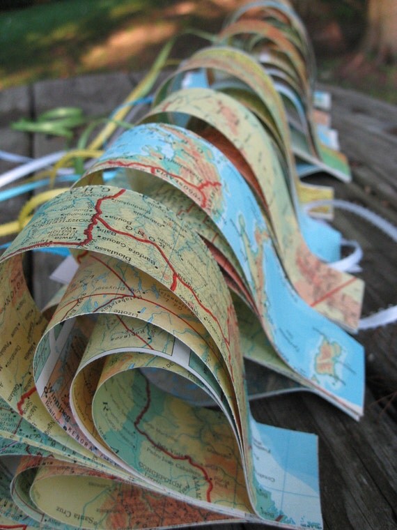 10 Vintage Map Hearts, In Rainbow Colors.  Wedding, Shower, Birthday, Decoration. Any Color Or Book Available. Custom Orders Welcome.