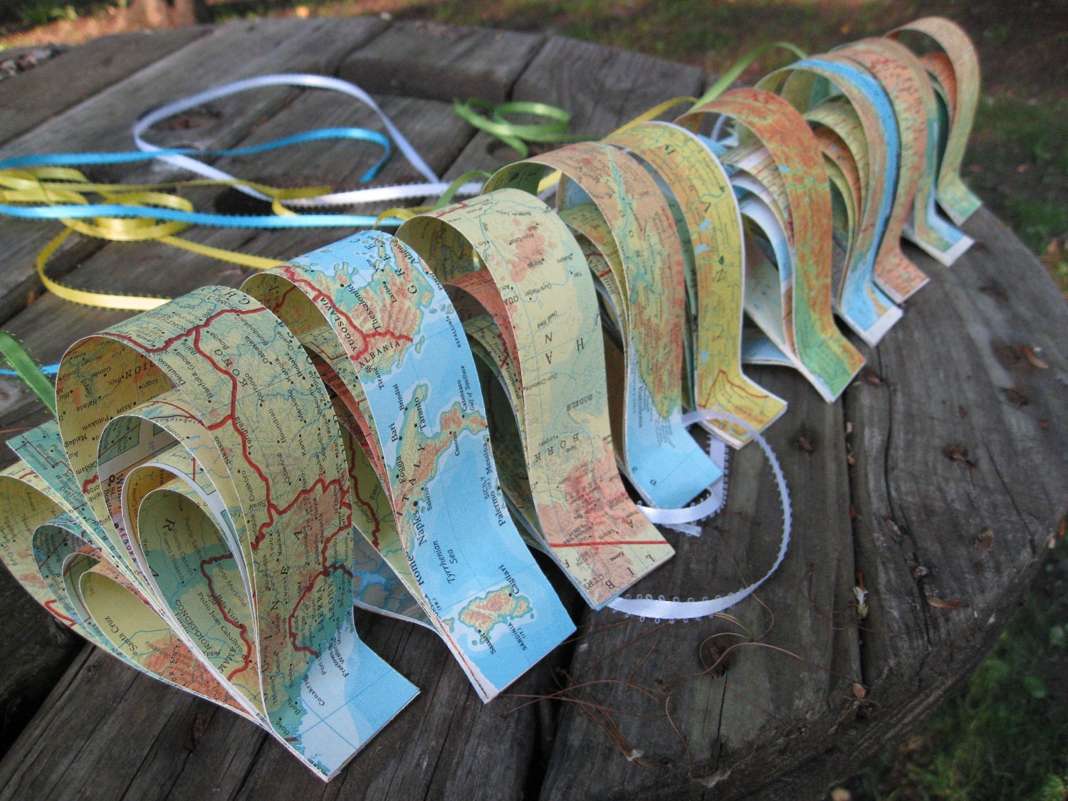 10 Vintage Map Hearts, In Rainbow Colors.  Wedding, Shower, Birthday, Decoration. Any Color Or Book Available. Custom Orders Welcome.