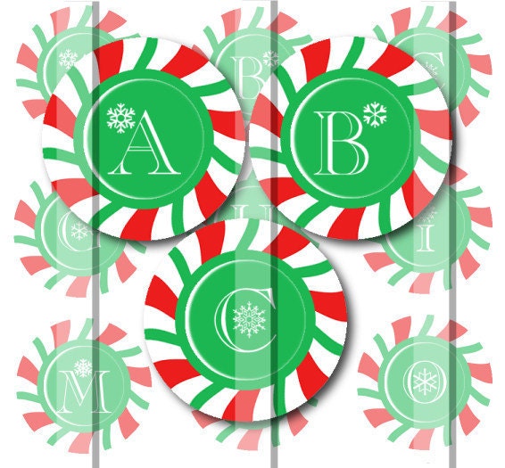 ON SALE Christmas Peppermint Alphabet Initials 1 INCH Circle Digital Bottle Cap Image Collage For Bottle Cap Jewelry And Hairbows