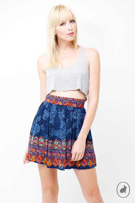 Vintage 80s Blue Tribal Print Mini Skirt - Hip Pockets - Spring Summer Fashion