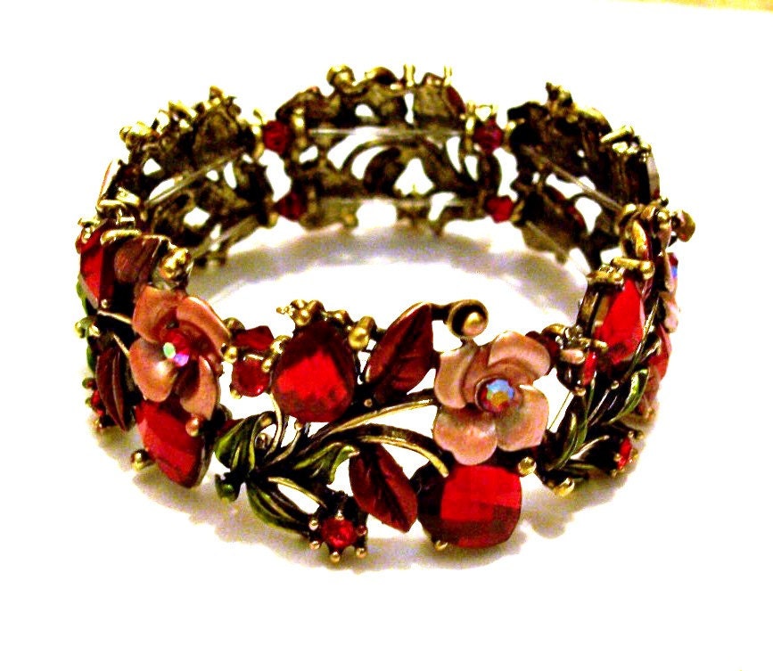 Bracelet Red Roses Hearts Crystals Red Hat Society Lady