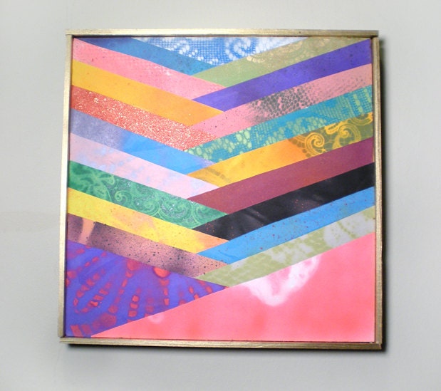 Overlapping Triangles, 12"x12", framed, wood and paper collage