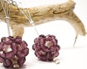 Big beaded amethyst crystal earrings - Mauve white pearl ball earrings - Long earrings - Purple fullerene ball chemistry jewelry