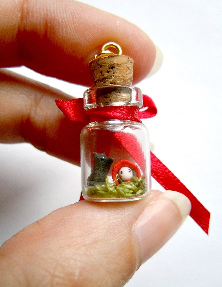 Red Riding Hood pendant - miniature terrarium in a bottle