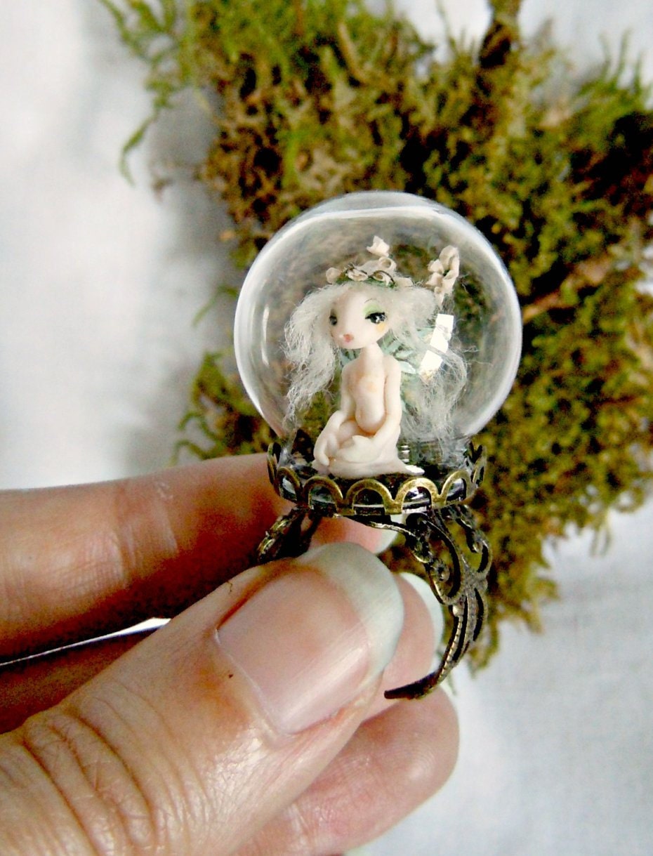 Tiny fairy art ring - OOAK flower pixie under a glass dome