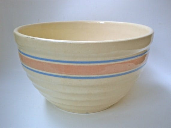 Vintage Stoneware Mixing Bowl with Pink and Blue by bakerinva