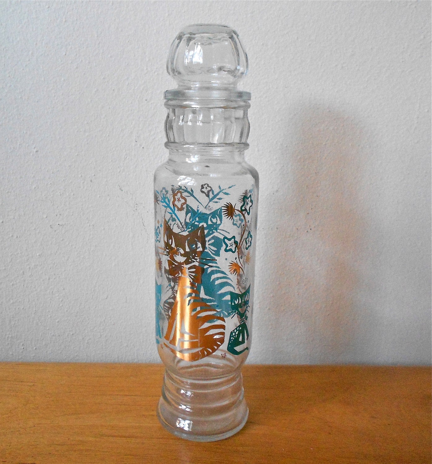 VIntage Funky Happy Cats Glass Canister with Glass Lid