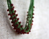 Red green necklace Linen necklace with glass beads Gift for her Mother's day Rustic Natural Crochet beaded jewelry ohtteam