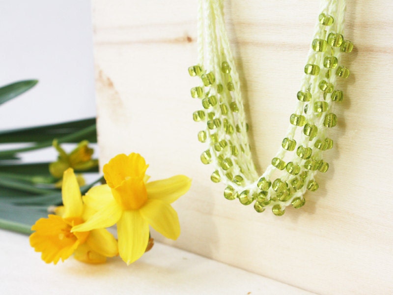 Linen necklace with glass beads Green yellow chartreuse lemon Spring fashion gift for her under 25 Rustic jewelry Boho Free shipping oht
