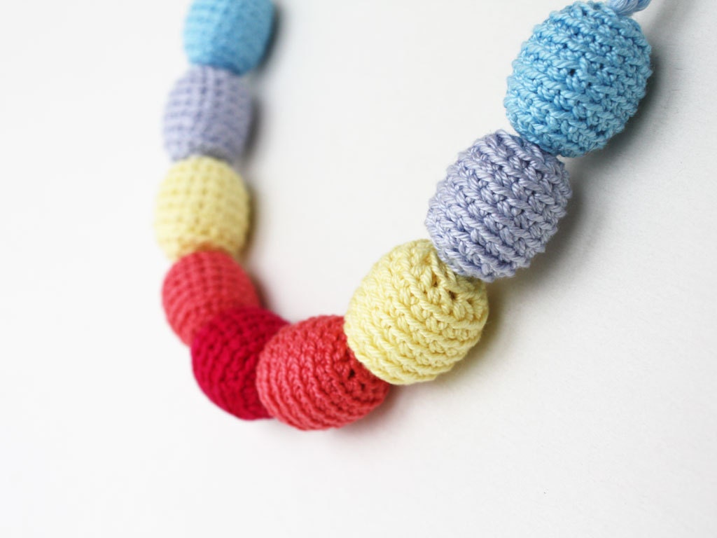 SALE Red yellow blue crochet necklace Nursing teething necklace Chunky jewelry Spring fashion Baby shower gift for mother to be