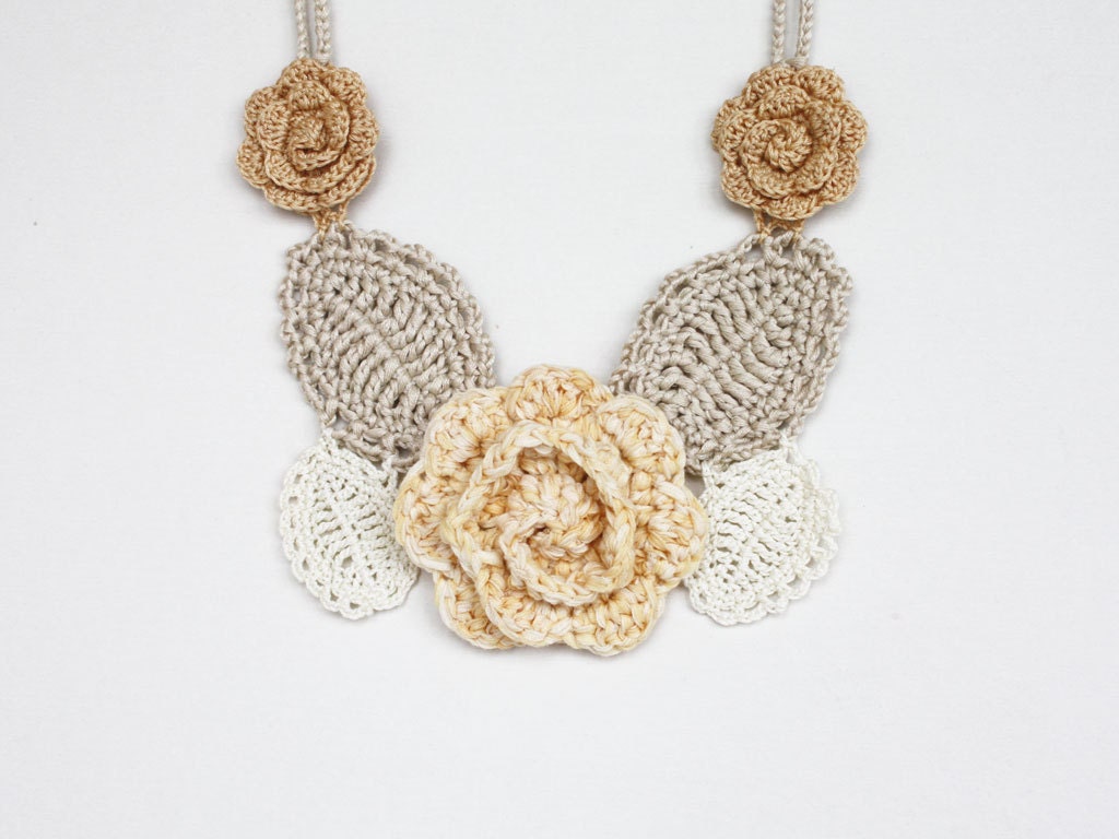 Statement necklace under 50 Bib necklace Boho chic jewelry Pale yellow beige ivory Wedding Crochet freeform Flower Floral Sale