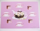 Teacup, teapot  and cake, food illustration greeting card