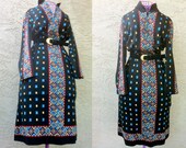 FREE SHIPPING: Vintage Secretary Long Sleeve Ethnic Print Black Dress, Size 11