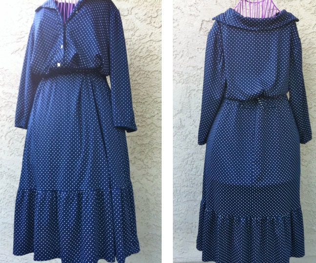 FREE SHIPPING: 70s Vintage Blue Country Polka Dot Ruffle Dress, Size XL