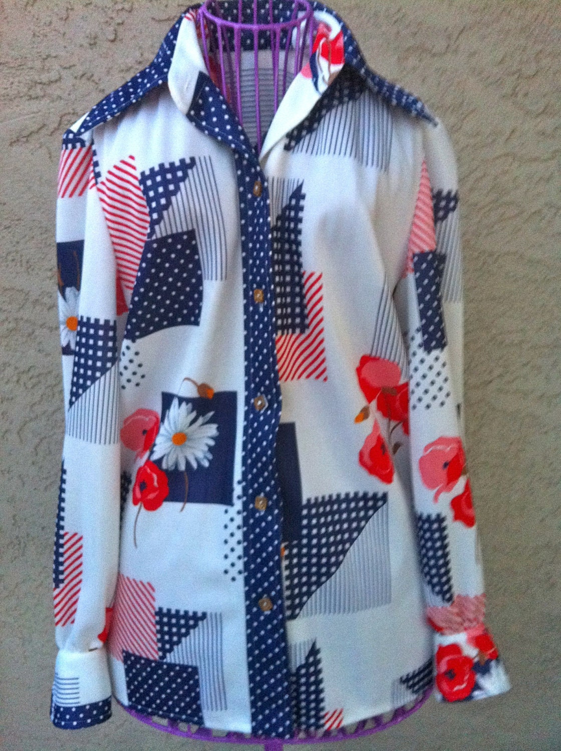 Take It For 10 SALE  - 70s Vintage Americana Polyester Button Down Blouse, LARGE