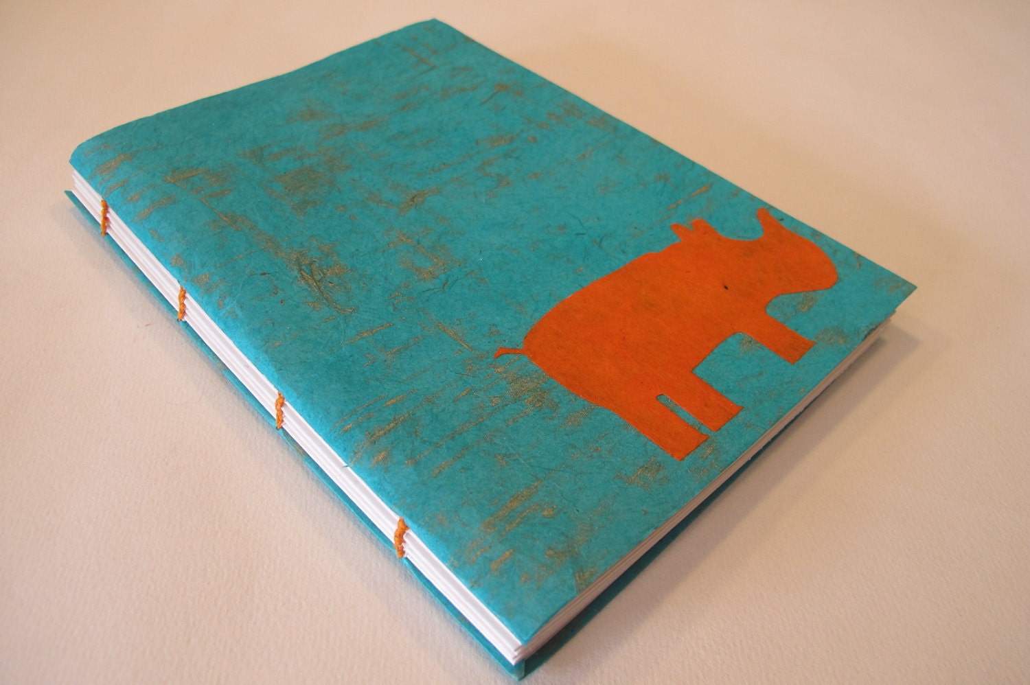 Rhino Handmade Journal Notebook: Turquoise and Orange Rhinoceros Coptic Bound Book