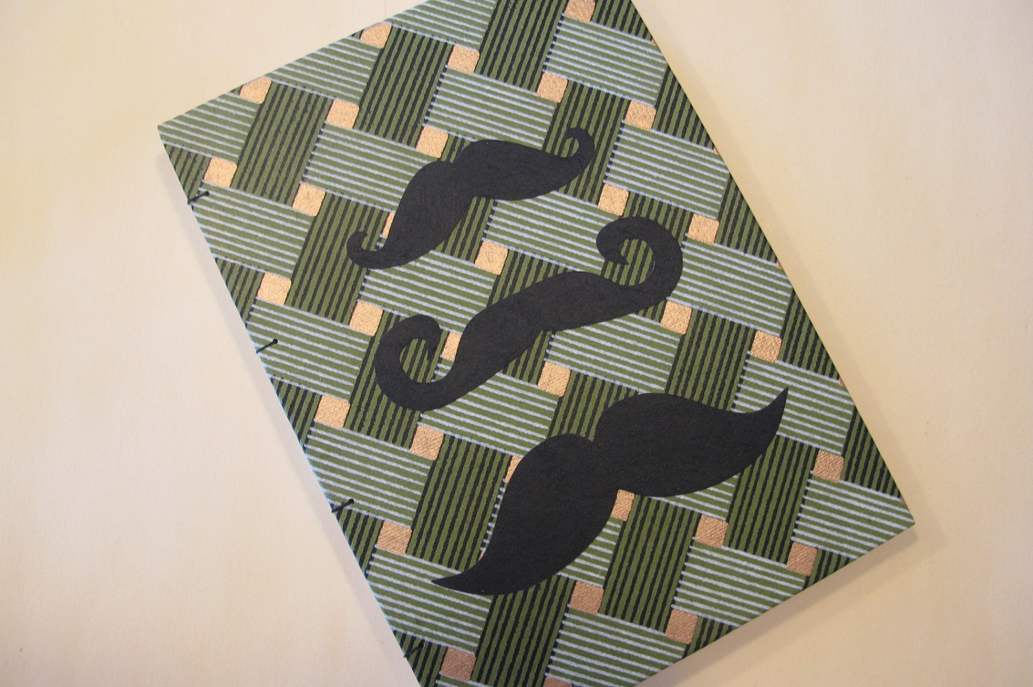 Mustache Handmade Journal Notebook: Green and Gold Coptic Hardbound Book