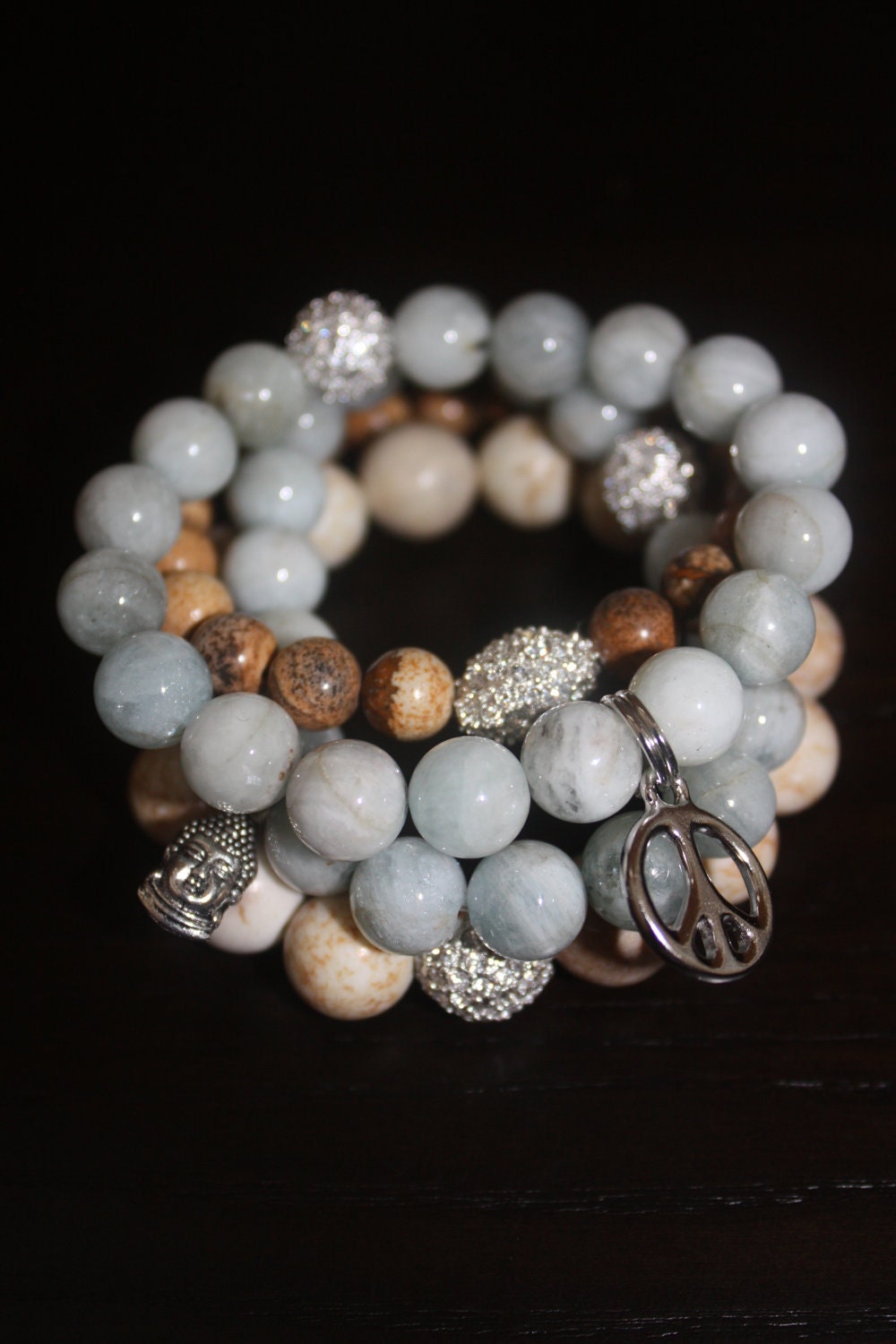 Blue Aquamarine, Picture Jasper & Caramel Magnesite Semi Precious Gemstone Beaded Bracelets with Pave Rhinestones and Peace Charms-Set of 4