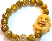 Faceted Agate Semi Precious Gemstone Beaded Bracelet with Ivory Bone Buddha Head and Gold Pave Rhinestones