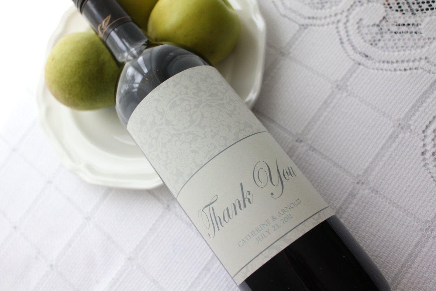 Soft Damask Thank You Script Custom Wine Bottle Labels