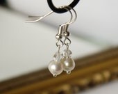 ivory white freshwater round pearl and clear Swarovski crystal silver fish hook earrings