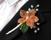 shimmering orange french beaded poppy flower buttonhole boutonniere corsage lapel pin for groom usher guest made to order