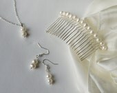 set of ivory white freshwater pearl earrings, necklace and hair comb silver bridesmaids bride wedding