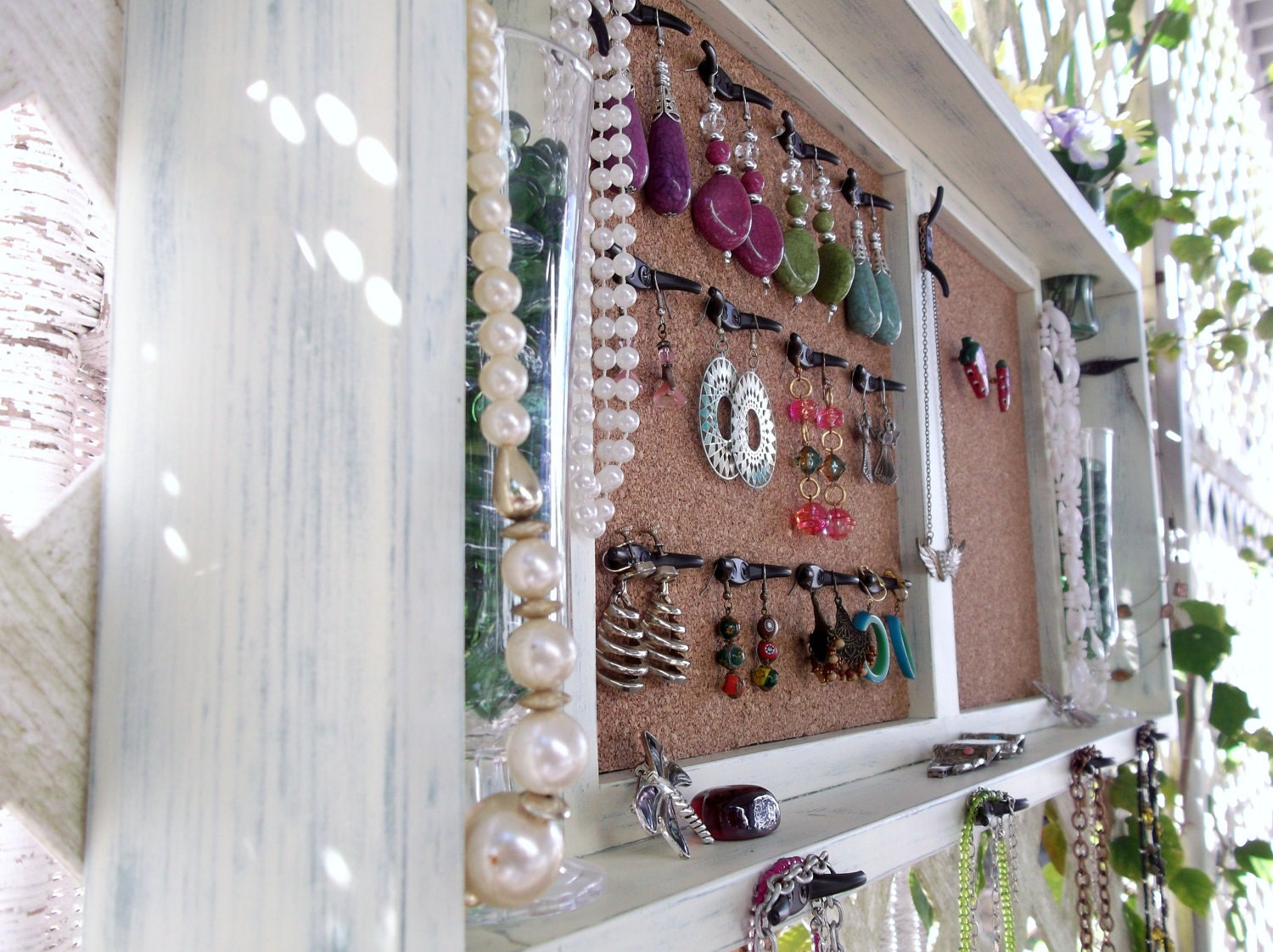 Jewelry Organizer Wall Display Vase Shelf Message Board "Ivory & Jade" or You Choose Color..Shabby Chic Cottage..Handmade