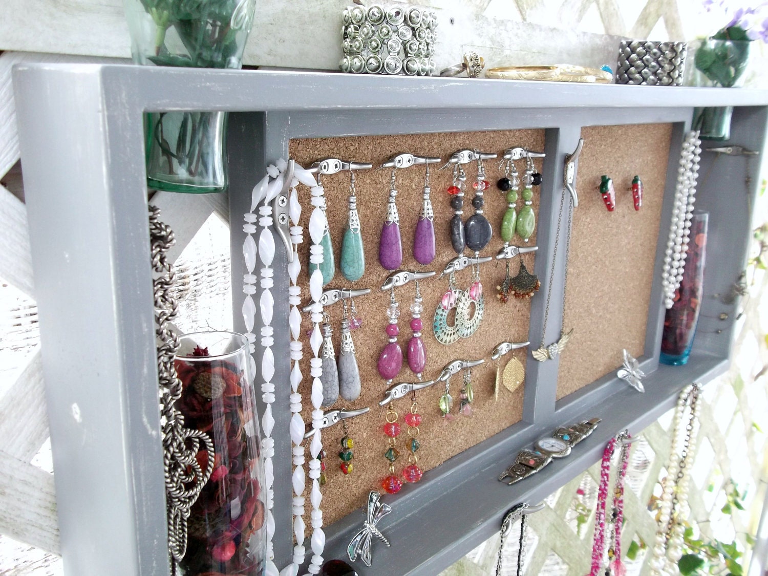 Jewelry Organizer Wall Display Shelf Message Board.."CLASSIC GRAY & IVORY" or You Choose Color..Shabby Chic Cottage..Handmade