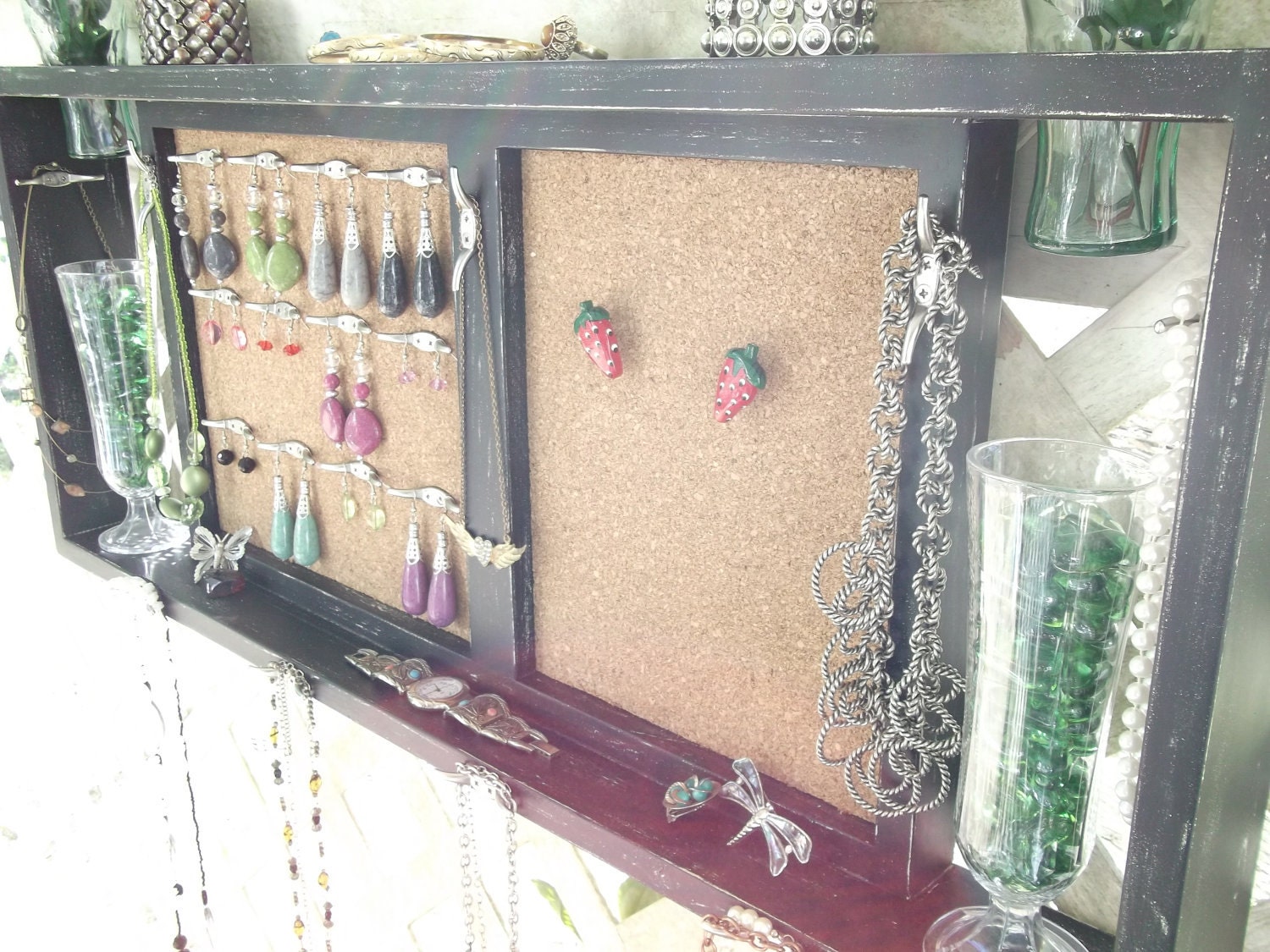 Jewelry Organizer Wall Display Shelf Message Board.. "Black Satin & Ivory" with Nickel or You Choose Color