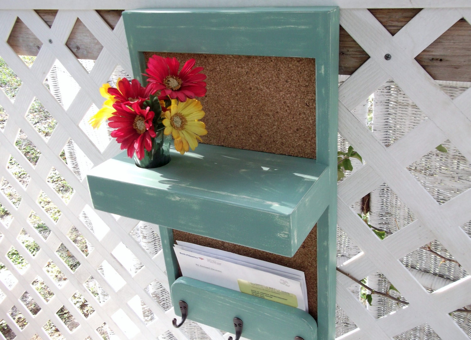 Three Hook Message Board Letter Holder Vase Shelf.."Jade & Ivory"..or You Choose Color..Shabby Chic Cottage