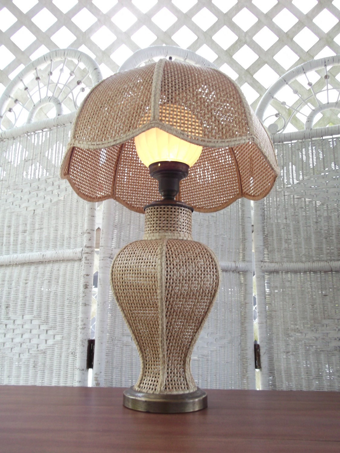 Vintage Table Lamp Wicker Cane Woven Umbrella by datedbydesign