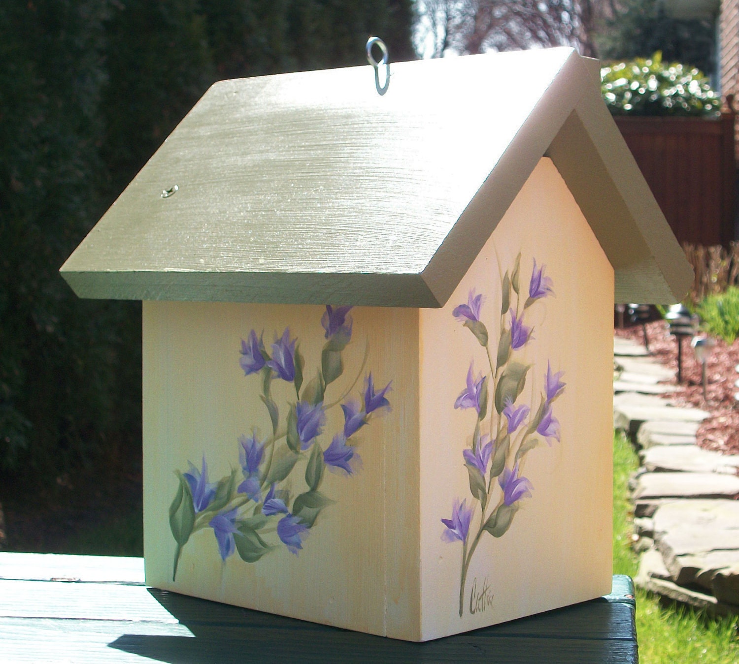 Hand Painted Sage & Pale Yellow Outdoor Birdhouse with Lavender Flower Vine