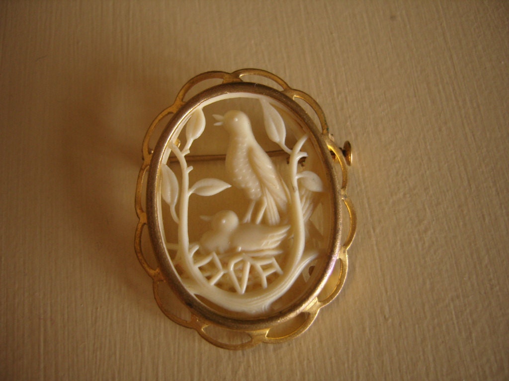 Vintage Brooch French Carved Celluloid Birds In Nest-REDUCED PRICE