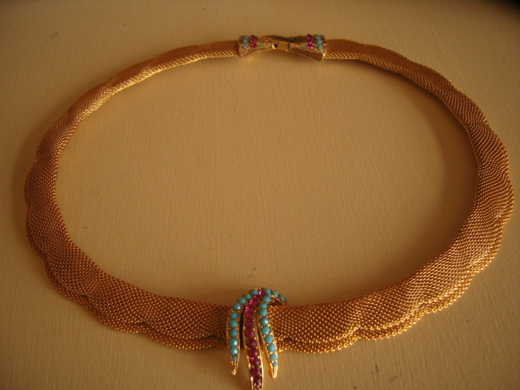 Vintage Mesh 1950s Necklace Turquoise Pink Glass Stones-REDUCED PRICE