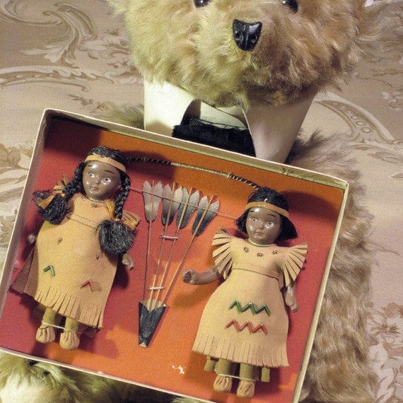 Vintage Doll Indians Bisque In Original Box Circa 1940's