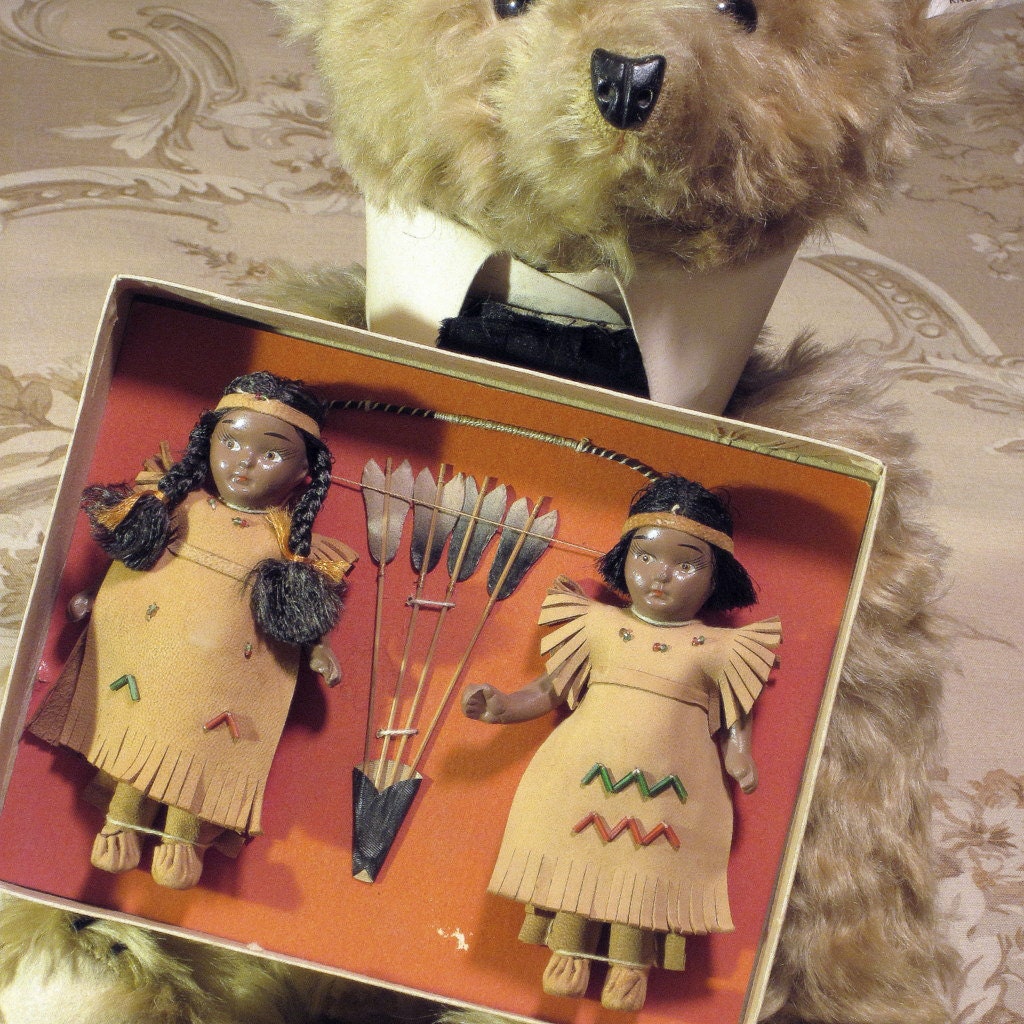 Vintage Doll Indians Bisque In Original Box Circa 1940's