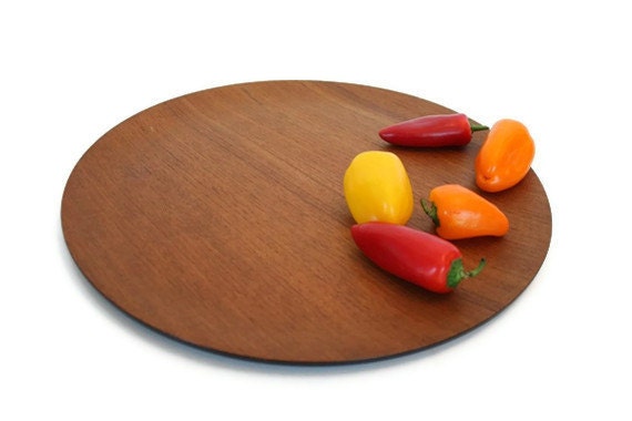 mid century teak serving tray, large 14 in. diameter