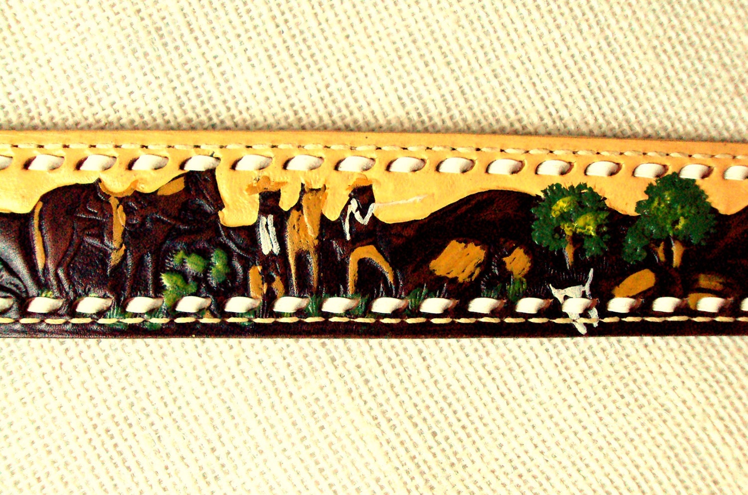 hand painted & tooled leather belt - cowboys - horses - southwestern belt - Sheyenne - Anthropologie style