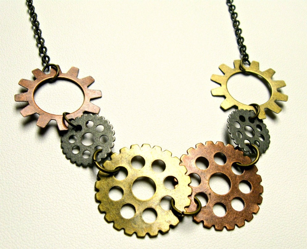 Jewelry Brass Steampunk Necklace - Mixed metal gear charm necklace in copper, gold and silver Iron Flowe