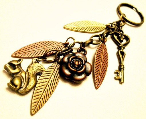 Brass keychain - Woodland keycain with squirrel, key and leaf charms - Into the Woods