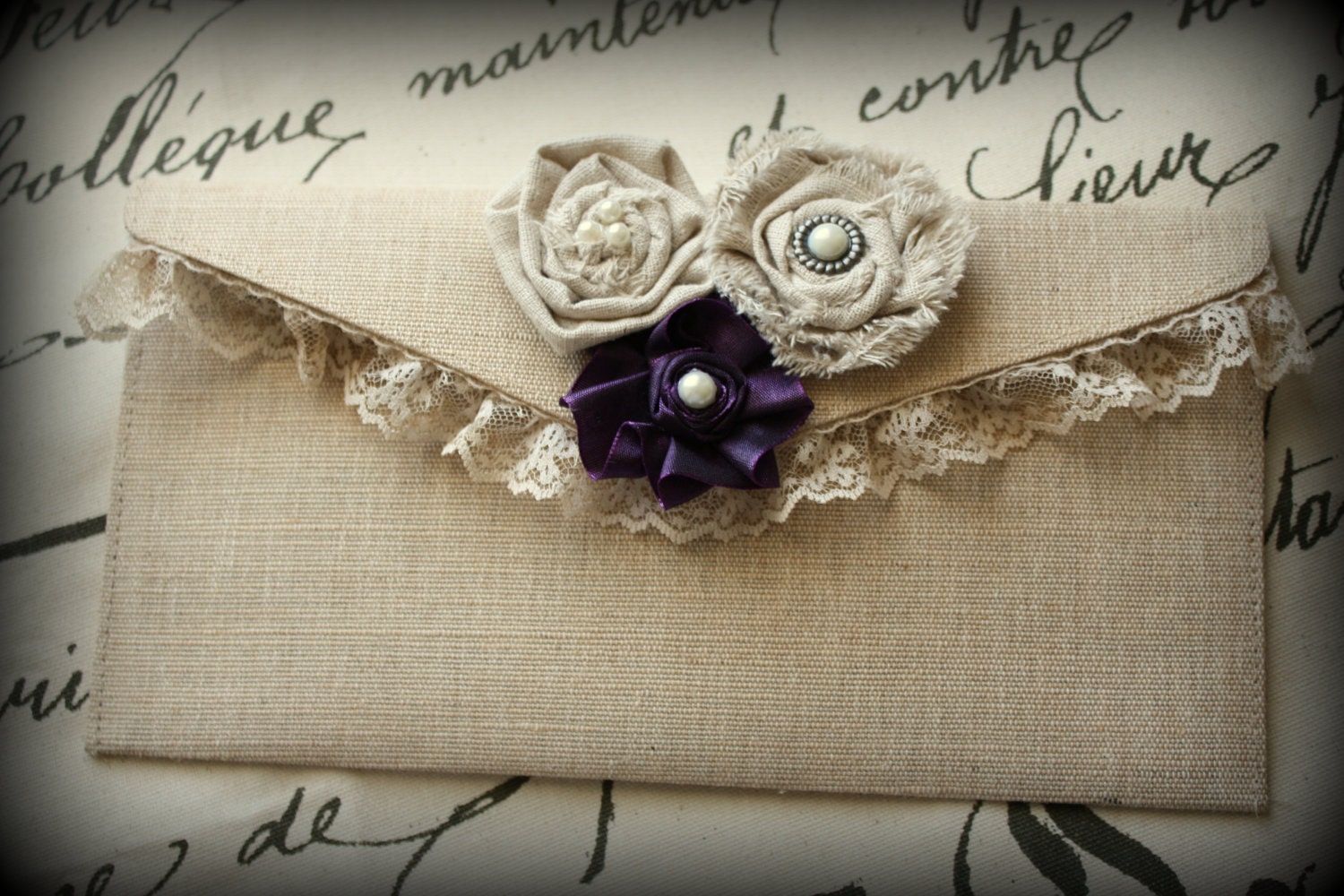 Natural Canvas Clutch- bridal, wedding, bridesmaid, bridal party, lace, purple flower, muslin rosettes - Ticket No. 175