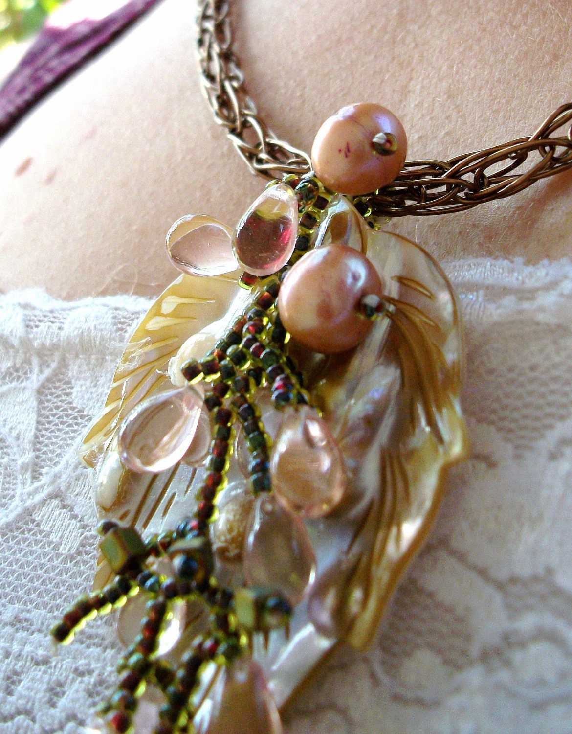 Reserved for Kirsten - Bronze Viking Knit Necklace, Blister Pearl, Ribbon & Beads - Pink, Green, Off-White