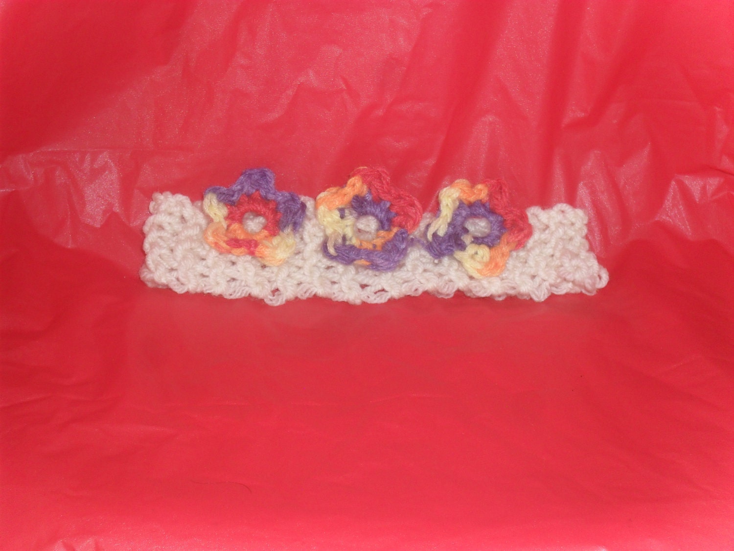 Lovely White Knitted Headband with  3 small multicolored flowers