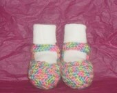 Crocheted Mary Jane Baby Shoes, New Born. Multi color with purple buttons. Adorable shower gift.