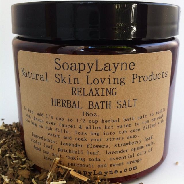 herbal bath salt, with essential oils of lavender, patchouli and sweet orange- vegan friendly ingredients