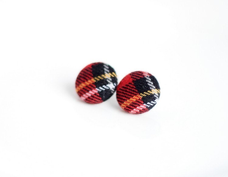 Buttons Earrings, Fabric Buttons Earrings, Stud Earrings, Wool Plaid Fabric - Red, Black Color - JoannaBizu