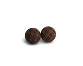 Buttons Earrings, Fabric Buttons Earrings, Handmade Mini Stud Earrings, Checkered Earrings, Brown color - JoannaBizu