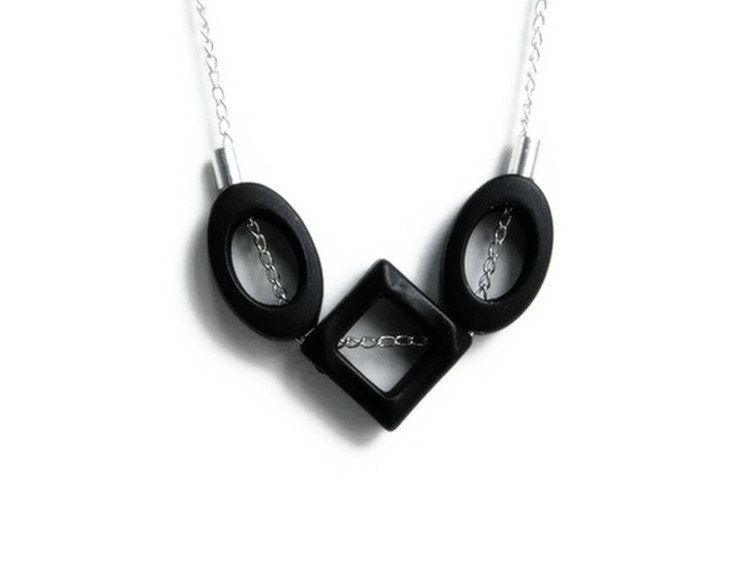 CHRISTMAS SALE 20% off Black Geometric Necklace Modern Jewelry Diamond shape Oval Beads Beadwork Necklace