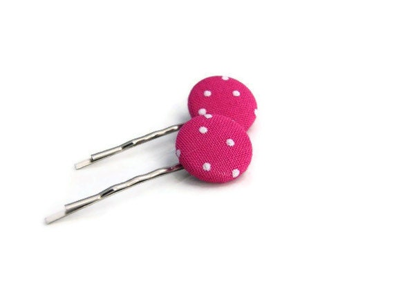 CLOSING SALE, Hair Pins, Neon Pink Polka dot Fabric Covered Button, Bobby Pins,Hair Accessories